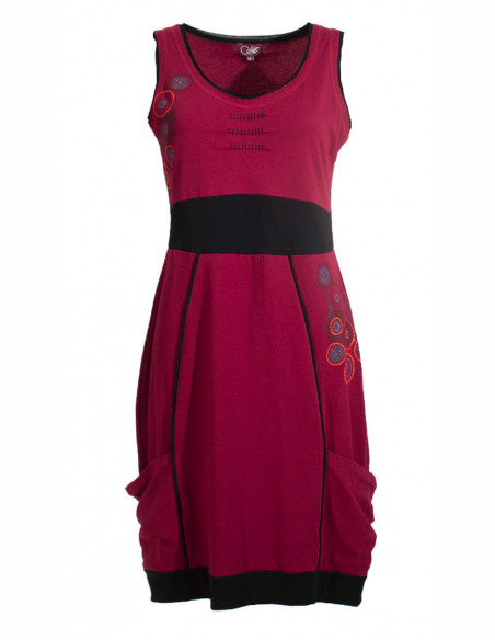 Robe courte effet boule sans manches originale ethnique rose framboise