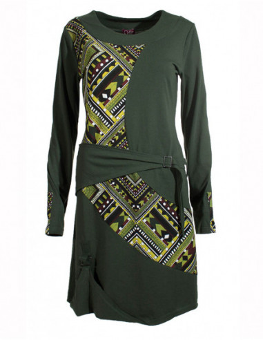 Robe ethnique aztèque originale pour l'hiver vert kaki