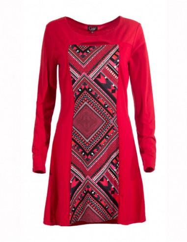Robe courte fluide pour l'hiver imprimé aztèque hippie rouge