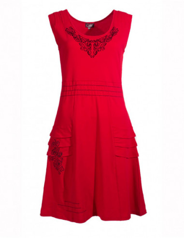 Robe sans manches originale avec surpiqures et tribal rouge