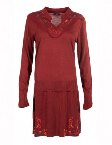 Robe courte à manches longues hiver avec broderies ethniques rouge bordeaux
