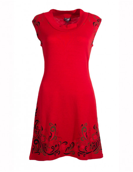 Robe mi-saison basique rouge avec arabesques colorées