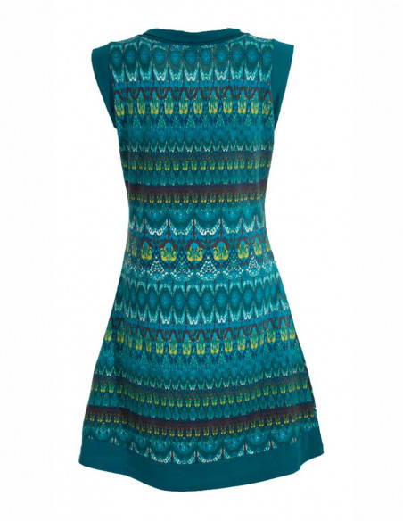 Dos de robe courte d'hiver imprimé maille aztèque ethnique bleu