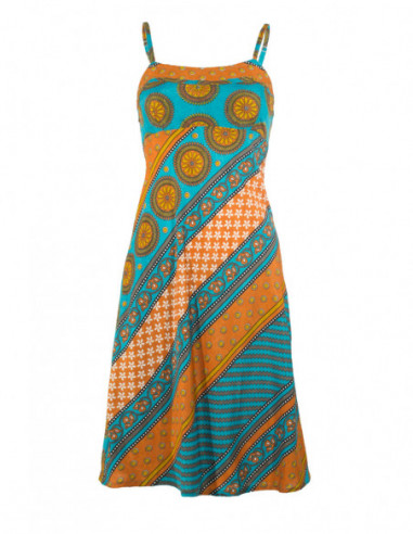 Robe fluide femme baba cool imprimé africain bleu et orange