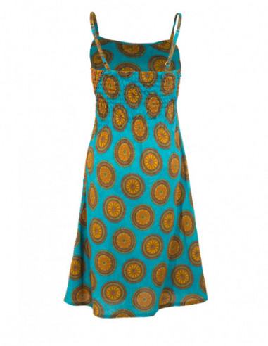 Dos de robe fluide femme baba cool imprimé africain bleu et orange