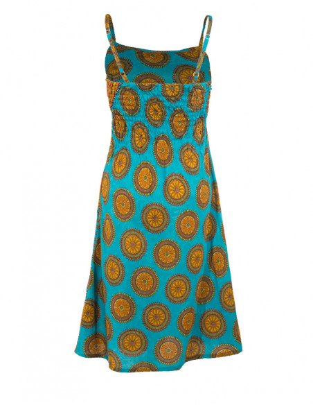 Dos de robe fluide femme baba cool imprimé africain bleu et orange