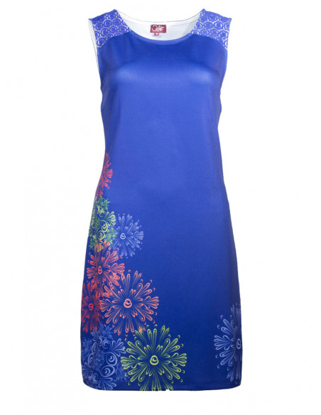 Robe courte légère d'été coupe droite avec motif fleuri coloré bleu foncé
