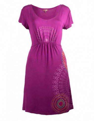 Robe courte d'été froncée originale baba cool mauve