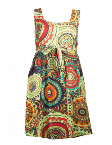 Robe courte évasée originale imprimé baba cool rosaces multicolore