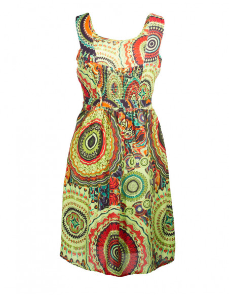 Dos de robe courte évasée originale imprimé baba cool rosaces multicolore vert anis