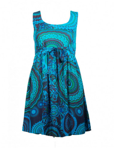 Robe courte évasée originale imprimé baba cool rosaces multicolore