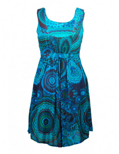 Dos de robe courte évasée originale imprimé baba cool rosaces multicolore bleu
