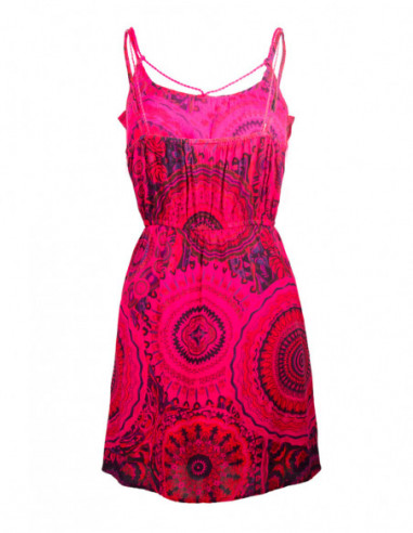 Dos de robe courte d'été imprimé baba cool avec volants rose fuchsia