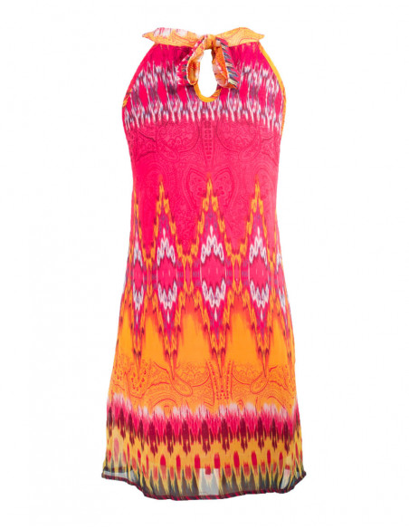 Robe courte aztèque baba cool motif africain rouge et orange