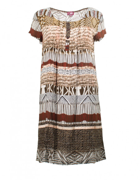 Robe courte droite fluide ethnique avec imprimé africain marron