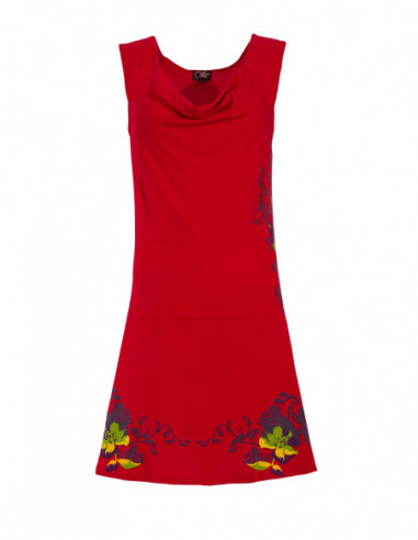 Robe d'été courte col bénitier et motif tropical rouge