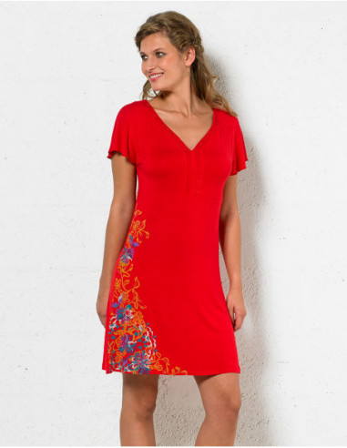 Robe courte fluide avec imprimé tropical et brillant rouge