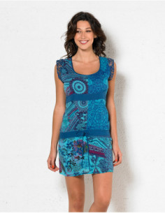 Robe originale en coton avec motif baba cool et dentelle