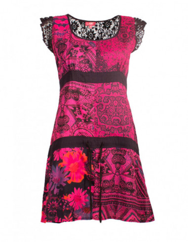 Robe originale en coton avec motif baba cool et dentelle