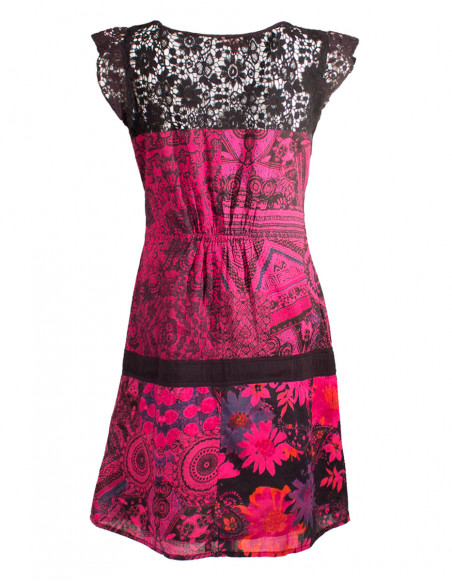 Dos de robe originale en coton avec motif baba cool et dentelle rose fuchsia