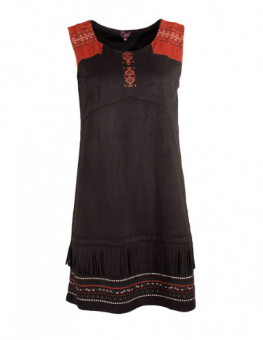 Robe courte noire hiver style indien ethnique avec franges