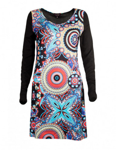 Robe courte automne moulante imprimé ethnique baba cool