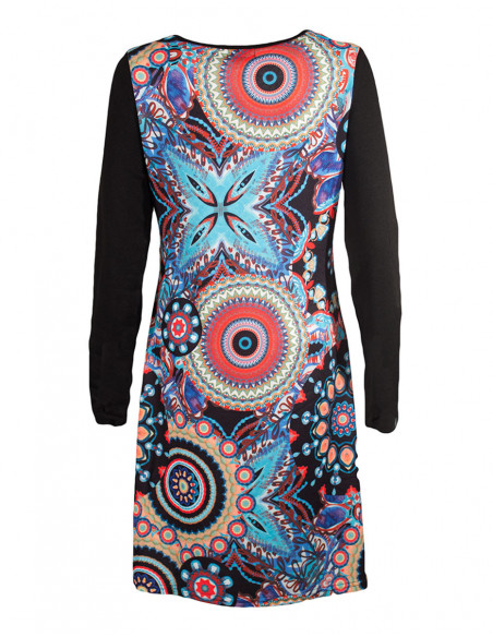 Dos de robe courte originale à motifs bariolés baba cool et col à boutons