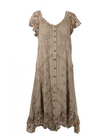 Robe mi longue unie avec broderies boh me chic et boutons