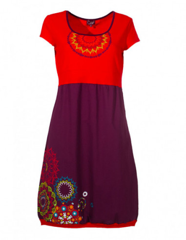 Robe mi-longue originale bicolore avec motifs baba cool rouge et bordeaux