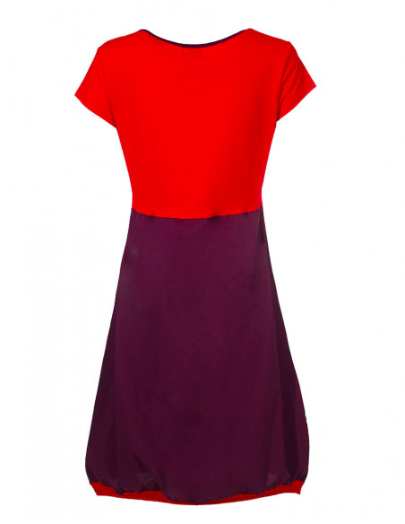 Dos de robe mi-longue originale bicolore avec motifs baba cool rouge et bordeaux