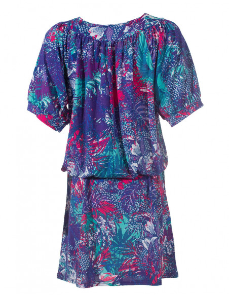 Robe courte légère d'été à imprimé tropical bleu coupe bouffante