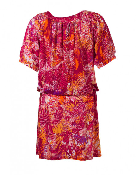 Robe courte légère d'été à imprimé tropical rouge coupe bouffante