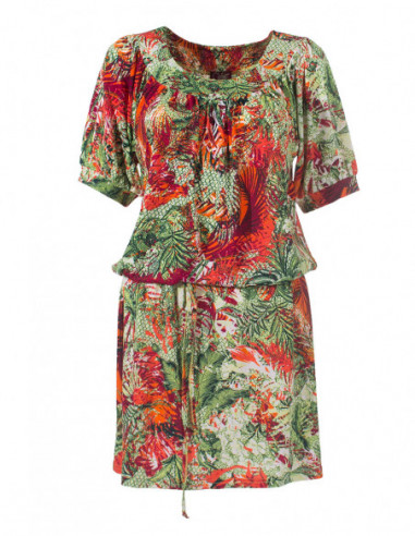 Robe courte droite bouffante à imprimé tropical vert