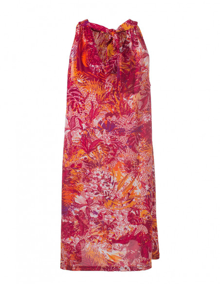 Robe d'été pour femme avec motif fleurs tropicales rouge