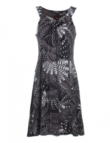 Robe courte chic fluide à motif ethnique plumes exotiques noir et blanche