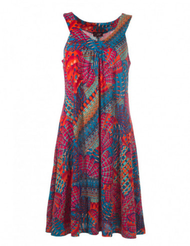 Robe courte chic fluide à motif ethnique plumes exotiques pétrole