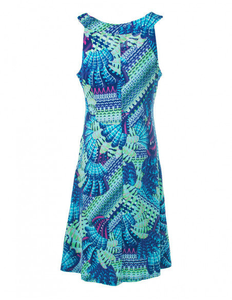 Robe féminine sans manches pour l'été avec imprimé plumes oiseaux baba cool bleu turquoise