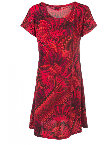 Robe légère d'été pour femme imprimé plumes oiseaux baba cool rouge