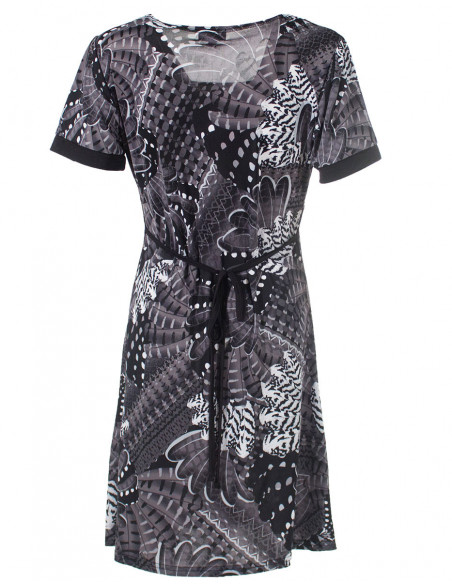 Robe courte d'été légère originale avec motifs ethnique plumes noir et blanc