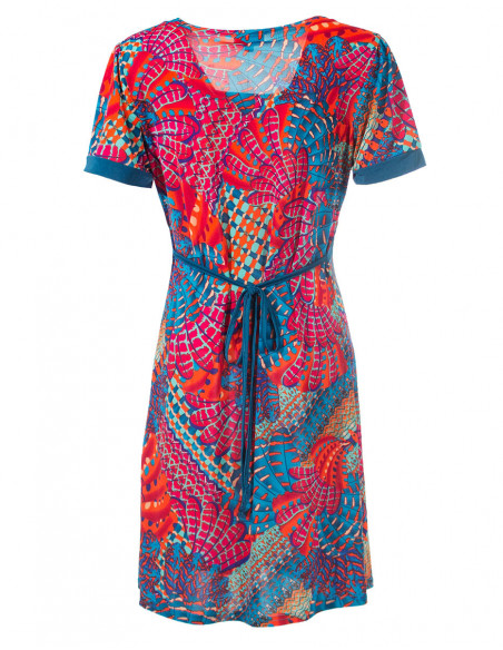 Robe courte d'été légère originale avec motifs ethnique plumes pétrole