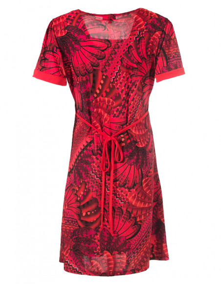 Robe courte d'été légère originale avec motifs ethnique plumes rouge