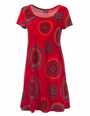 Robe courte fluide ethnique chic avec imprimé rond baba cool rouge