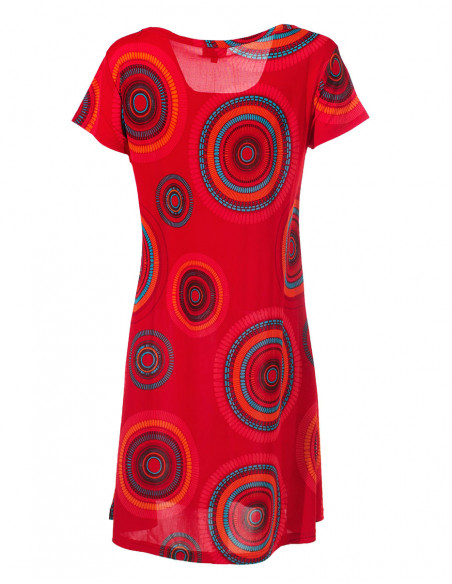 Dos de robe courte fluide ethnique chic avec imprimé rond baba cool rouge