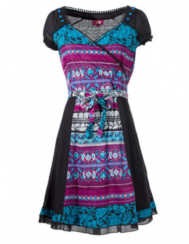 Robe courte très originale avec motifs indiens colorés turquoise