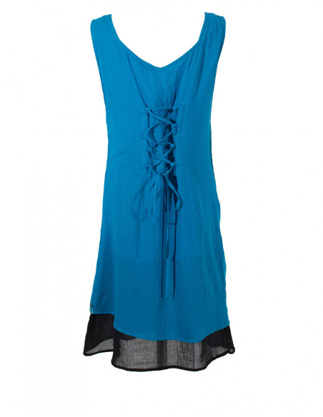 Dos de robe courte originale ethnique baba cool avec lacet dans le dos bleu
