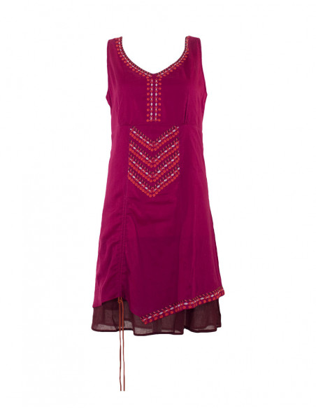 Robe courte originale ethnique baba cool avec lacet dans le dos framboise