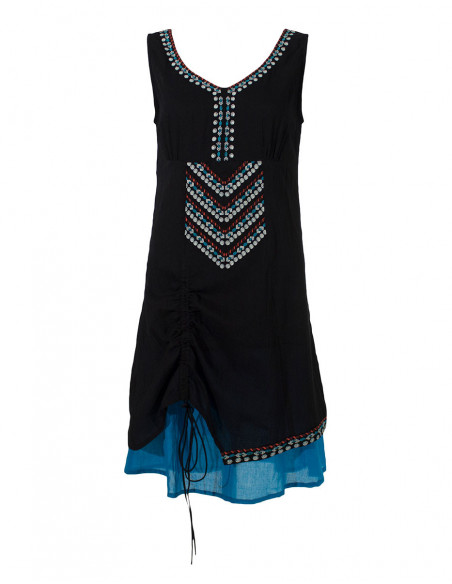 Robe courte originale ethnique baba cool avec lacet dans le dos noire