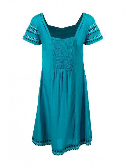 Robe courte originale en viscose avec broderies bleu turquoise