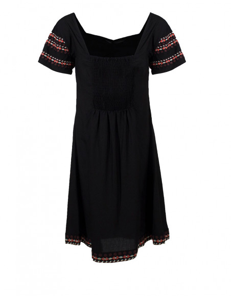Robe courte originale en viscose avec broderies noire pour femme