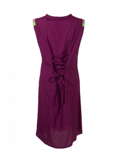 Robe courte originale ethnique brodée mauve lacet dans le dos